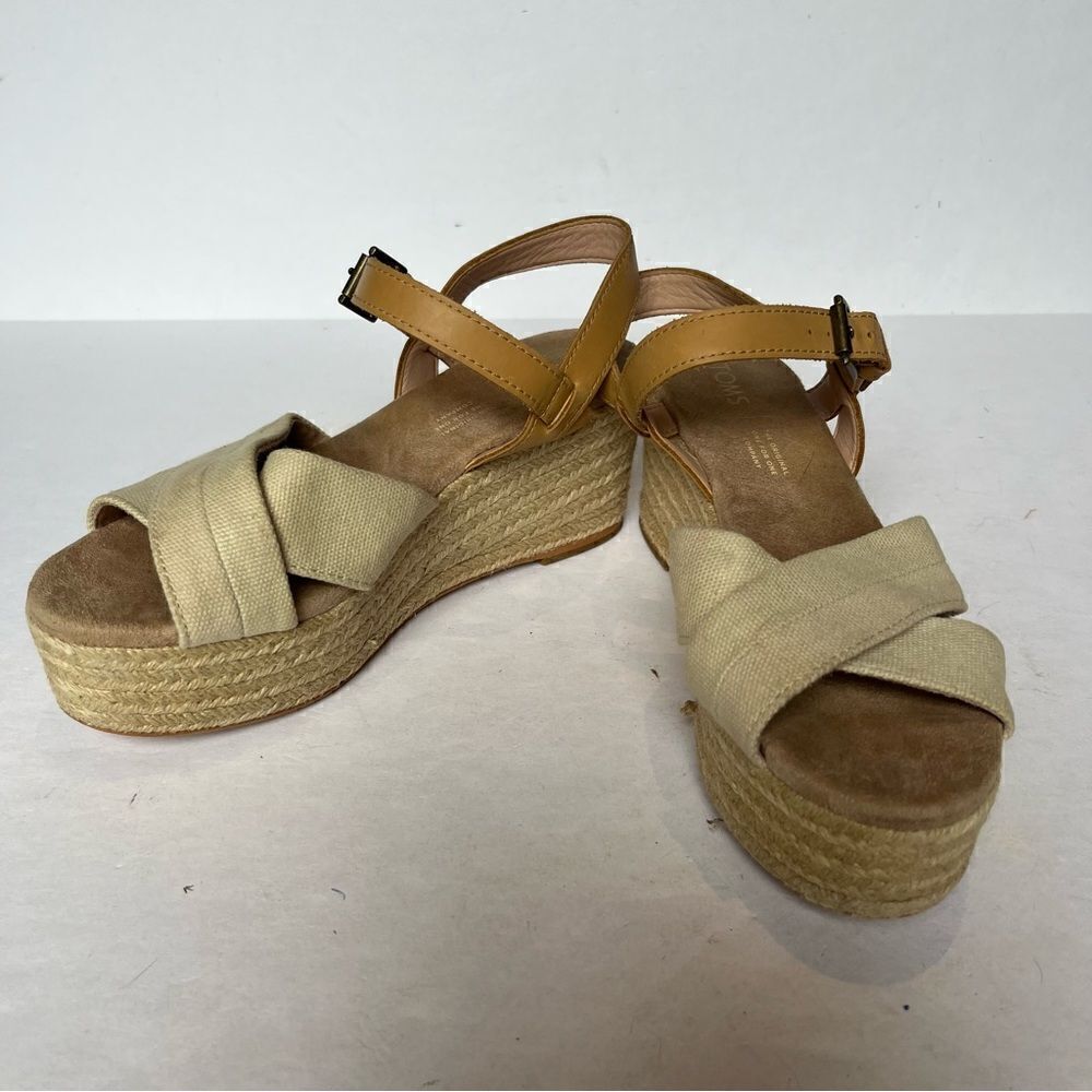Toms Women's Braided Wedge Espadrille Sandals Light Tan Size 6 Canvas Straps